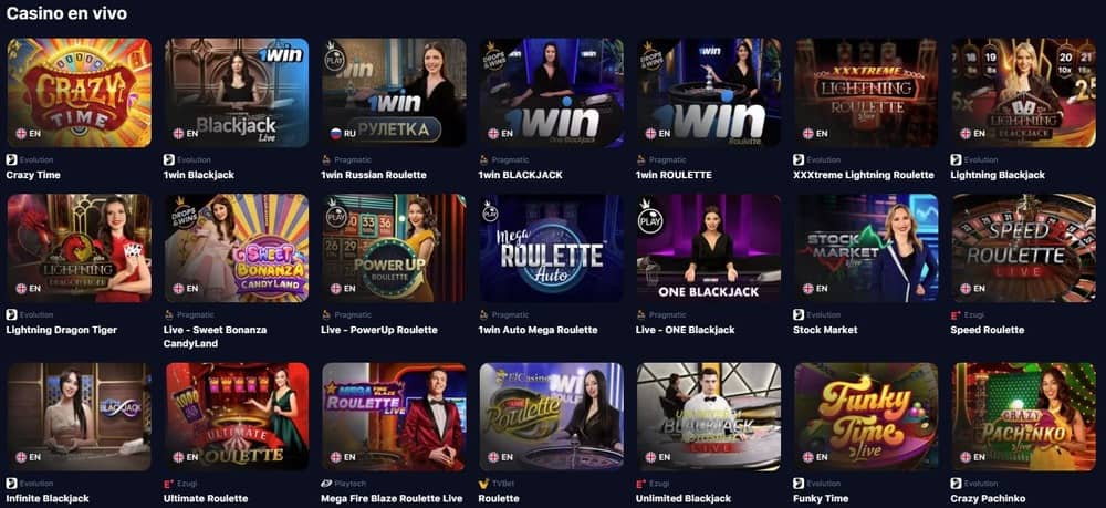 Sección de casino en vivo de 1win