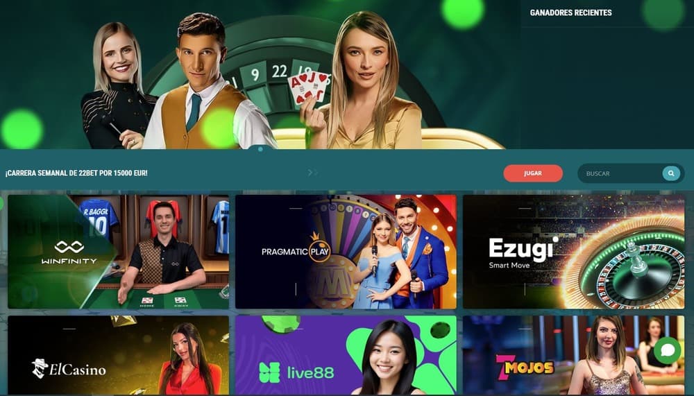 22bet sección de juegos de casino