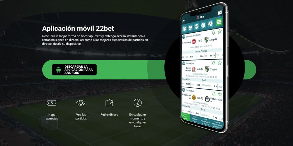 Banner con información sobre la descarga de la aplicación 22bet