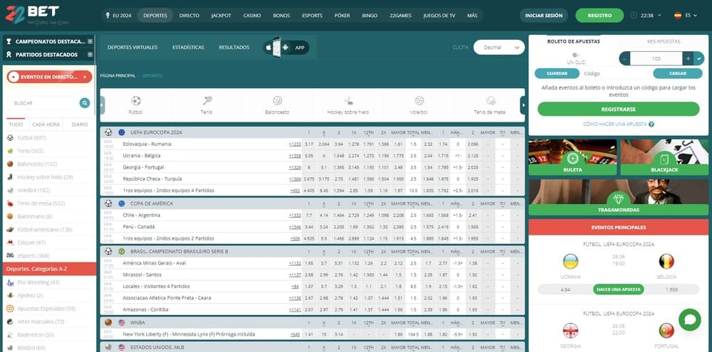 Apuestas deportivas en 22bet