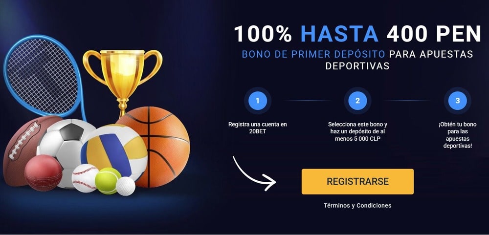 Banner con información sobre el bono de primer depósito de 20bet