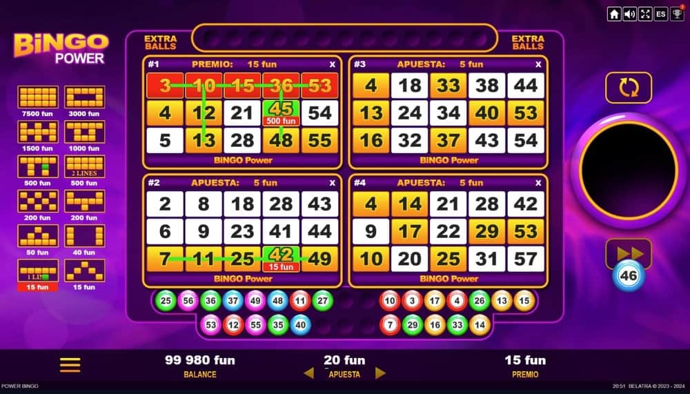 Selección de números en el juego Bingo Power
