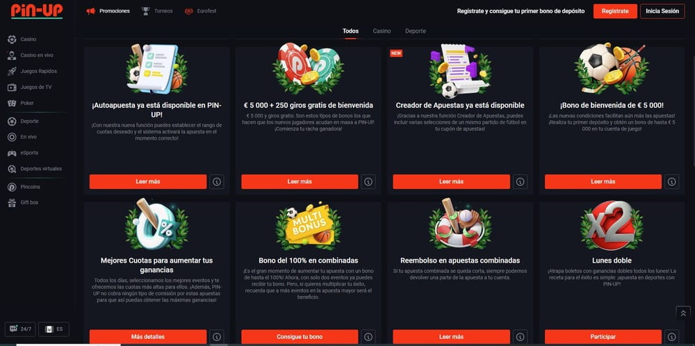 Sección de bonos y promociones de Pin Up Casino