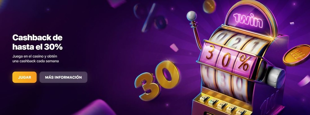 Banner sobre el 30% de devolución en el casino online 1win
