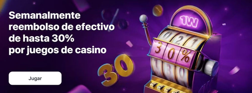 Banner con información sobre reembolso en 1win casino