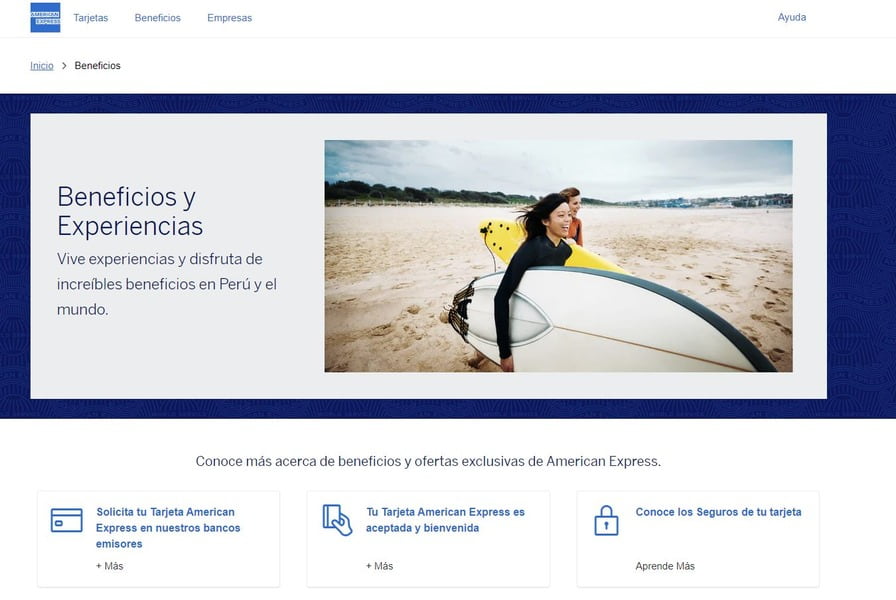 Página de ventajas de American Express en el sitio web oficial