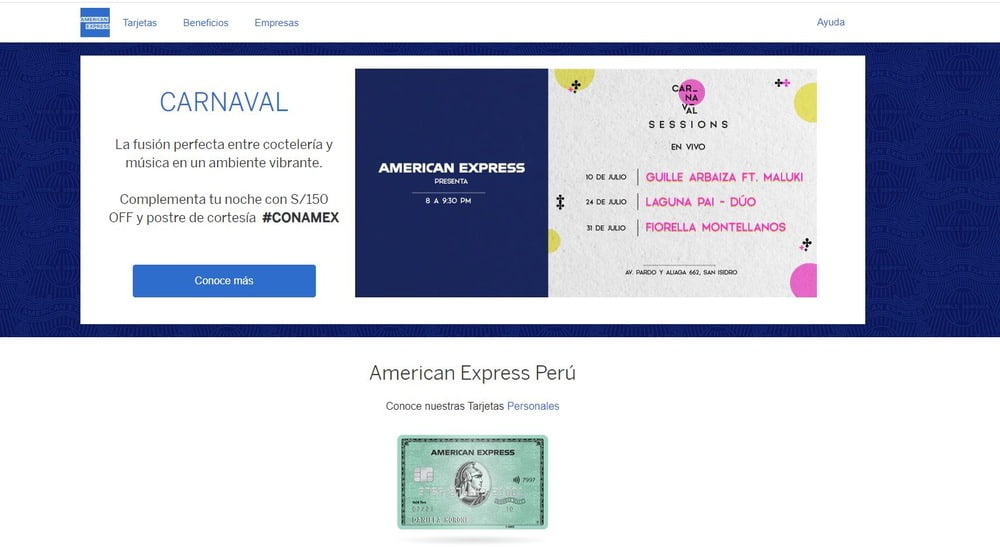 Web oficial de American Express en Perú